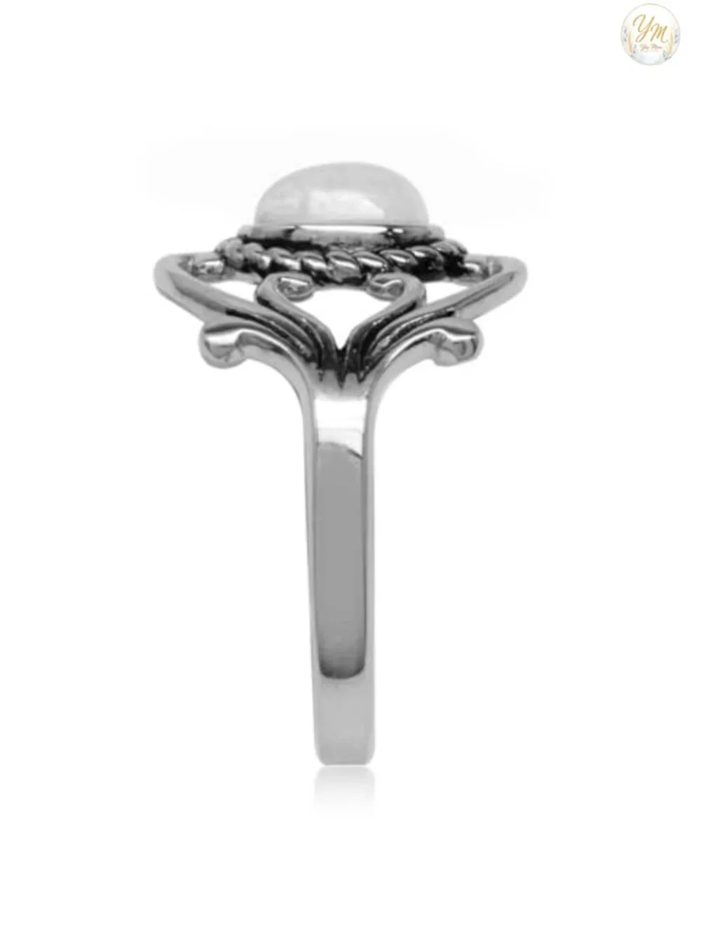 Victorian Style Moonstone Sterling Silver Ring, White Gold Plated Bezel Set